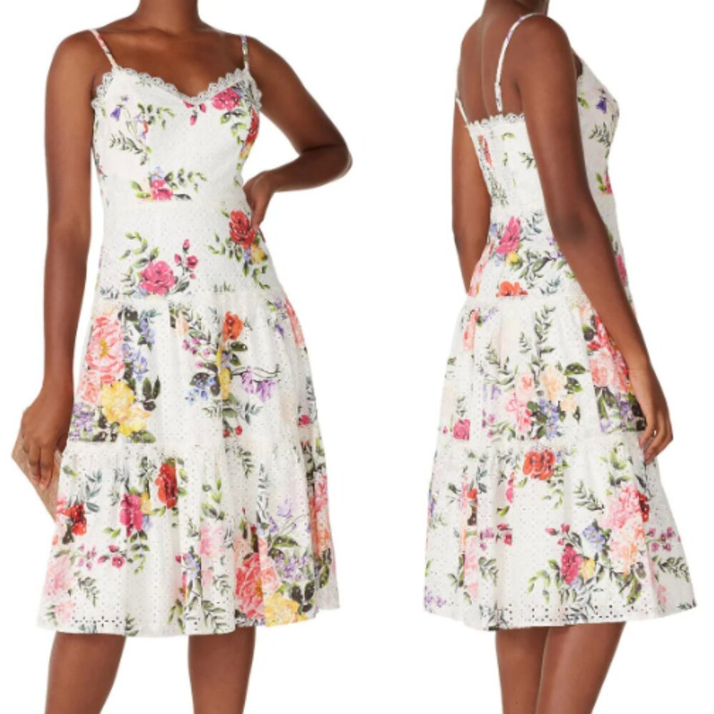Marchesa Floral Lace Midi Dress - White, Pink, Green